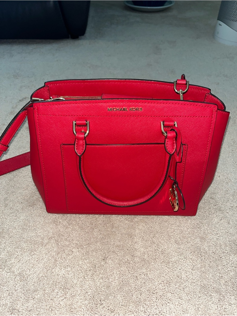 Michael Kors Bright Red Saffiano Satchel with Gold Hardware